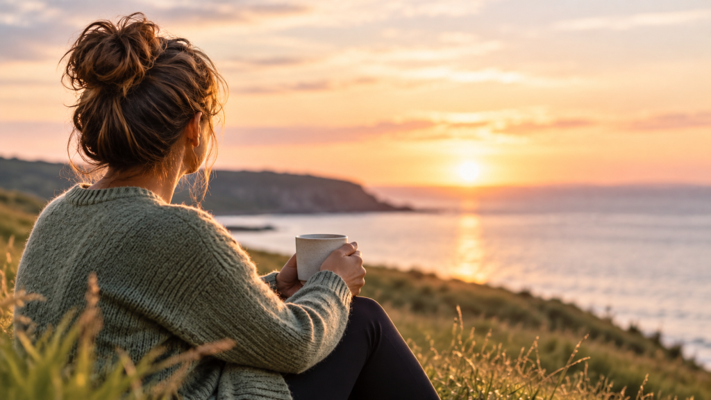 ADHD, Autism and AuDHD Support for Adults contemplative coastal sunset with tea